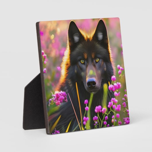 Zwarte wolf in roze bloemen fotoplaat (Voorkant)