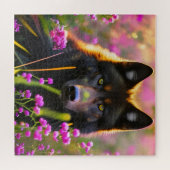 Zwarte wolf in roze bloemen legpuzzel (Horizontaal)