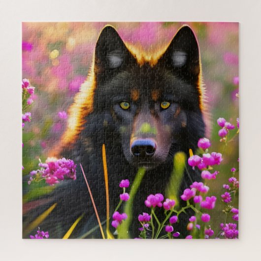 Zwarte wolf in roze bloemen legpuzzel (Verticaal)
