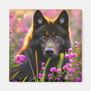 Zwarte wolf in roze bloemen magneet