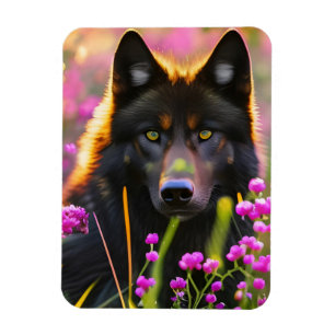 Zwarte wolf in roze bloemen magneet