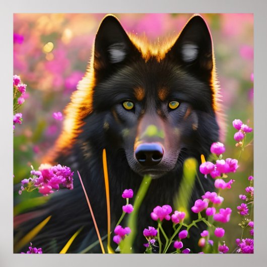 Zwarte wolf in roze bloemen poster (Voorkant)