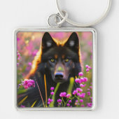 zwarte wolf in roze bloemen sleutelhanger (Voorkant)