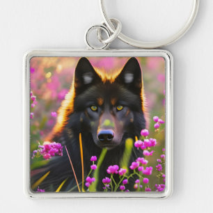 zwarte wolf in roze bloemen sleutelhanger