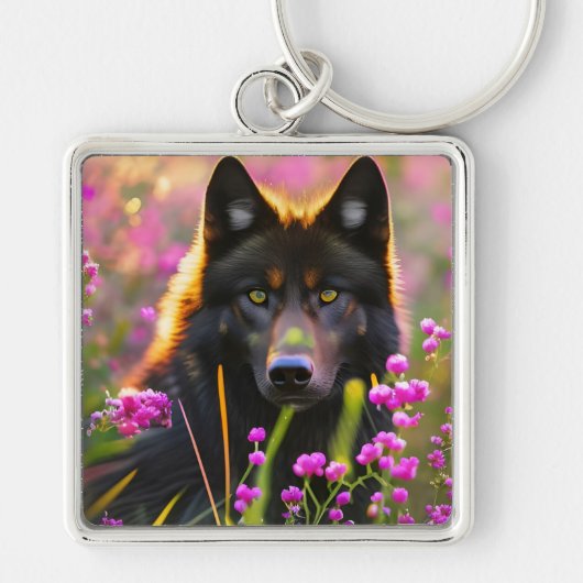 zwarte wolf in roze bloemen sleutelhanger (Voorkant)