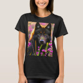 zwarte wolf in roze bloemen t-shirt (Voorkant)
