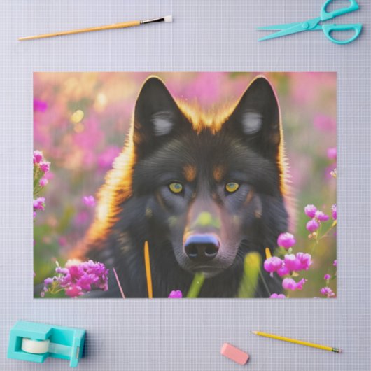 Zwarte wolf in roze bloemen tissuepapier (Craft)