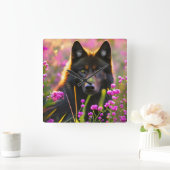 zwarte wolf in roze bloemen vierkante klok (Huis)
