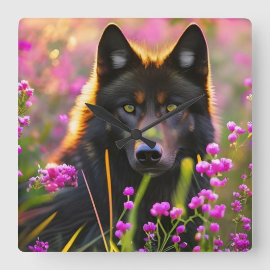 zwarte wolf in roze bloemen vierkante klok (Voorkant)