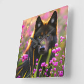 zwarte wolf in roze bloemen vierkante klok (Hoek)
