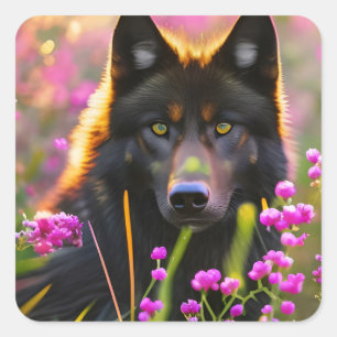 zwarte wolf in roze bloemen vierkante sticker