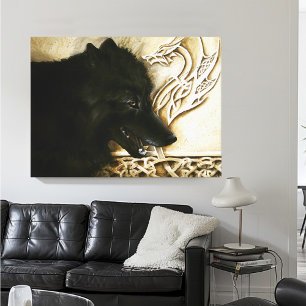 Zwarte Wolf Keltische Draak Knoopwerk Fantasie Canvas Afdruk