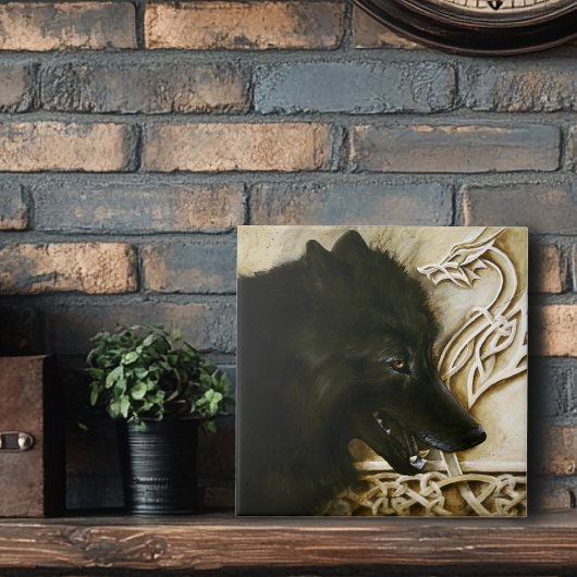 Zwarte Wolf Keltische Draak Knoopwerk Fantasie Tegeltje