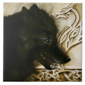 Zwarte Wolf Keltische Draak Knoopwerk Fantasie Tegeltje (Voorkant)