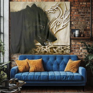 Zwarte Wolf Keltische Draken Knoopwerk Fantasie Wandkleed