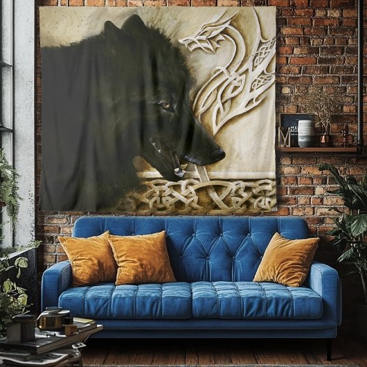 Zwarte Wolf Keltische Draken Knoopwerk Fantasie Wandkleed