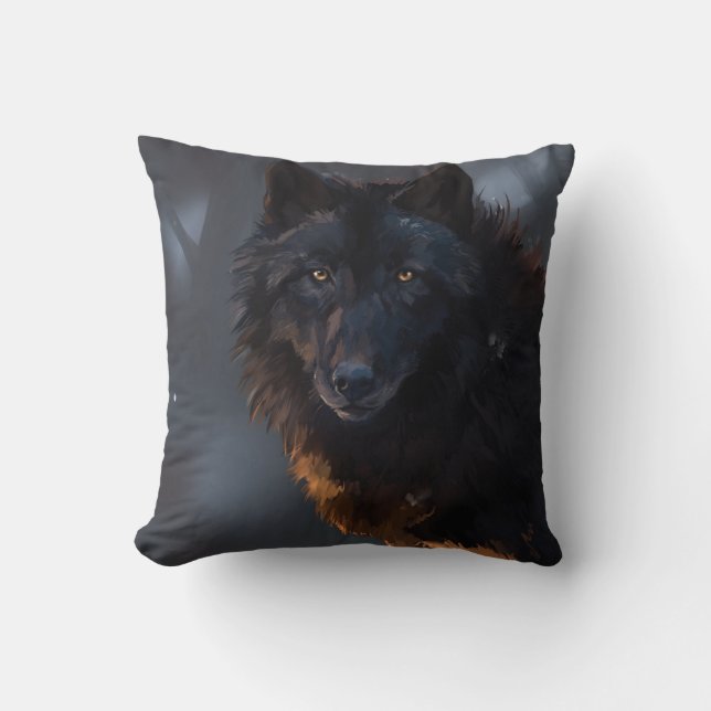 Zwarte wolf kussen (Voorkant)