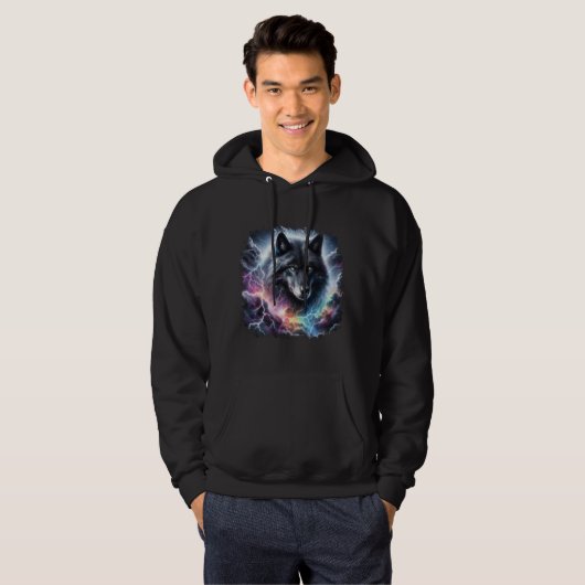 Zwarte wolf met bliksem hoodie (Voorkant volledig)