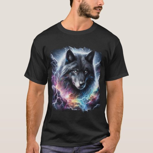 Zwarte wolf met bliksem t-shirt (Voorkant)
