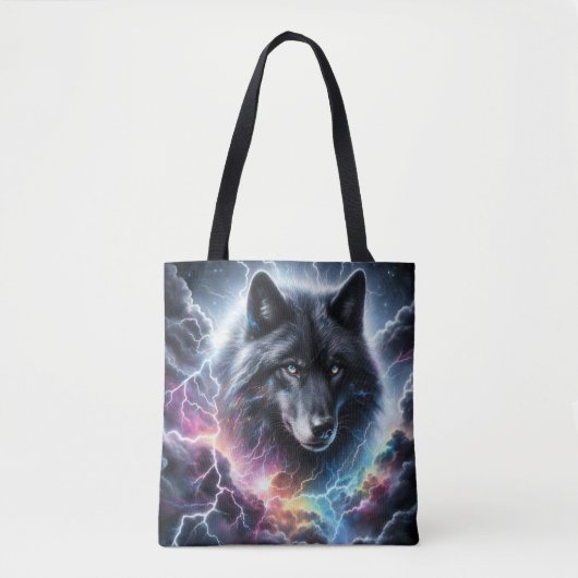 Zwarte wolf met bliksem tote bag (Voorkant)
