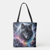 Zwarte wolf met bliksem tote bag (Achterkant)