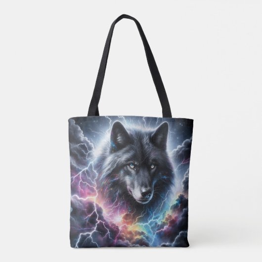 Zwarte wolf met bliksem tote bag (Achterkant)