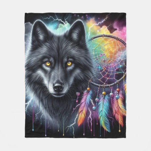 Zwarte Wolf met Droomvanger Fleece Deken (Voorkant)