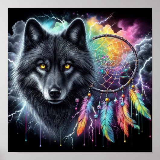 Zwarte Wolf met Droomvanger Poster (Voorkant)
