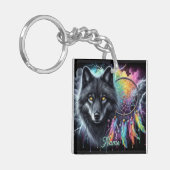 Zwarte Wolf met Droomvanger Sleutelhanger (Voorkant Links)