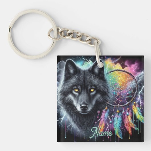 Zwarte Wolf met Droomvanger Sleutelhanger (Voorkant)