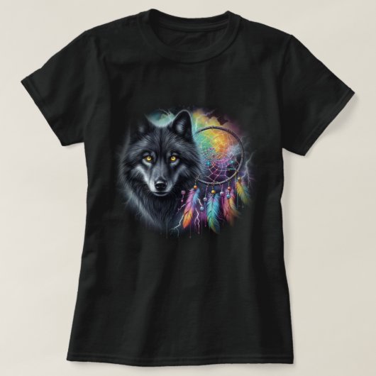 Zwarte Wolf met Droomvanger T-shirt (Design voorkant)