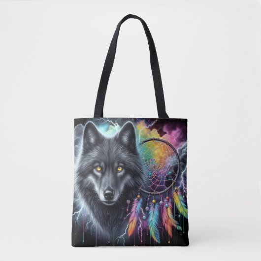 Zwarte Wolf met Droomvanger Tote Bag (Voorkant)