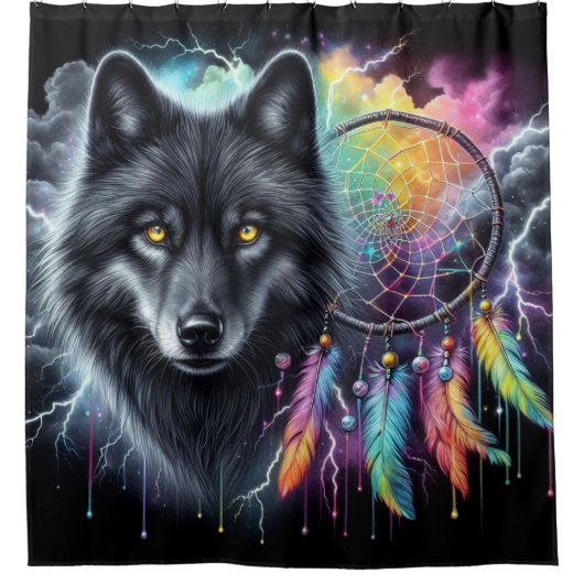 Zwarte wolf met een dromenvanger douchegordijn (Voorkant)