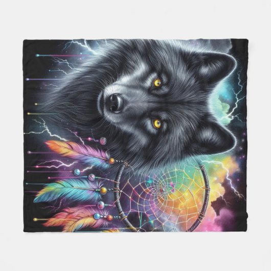 Zwarte wolf met een dromenvanger fleece deken (Voorkant (Horizontaal))