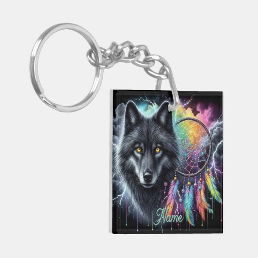 Zwarte wolf met een dromenvanger sleutelhanger (Voorkant Links)