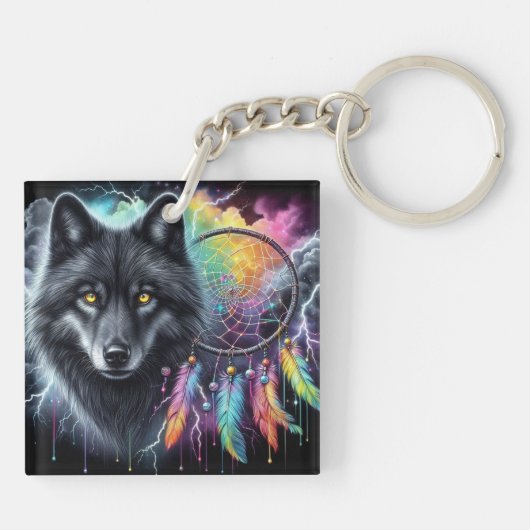 Zwarte wolf met een dromenvanger sleutelhanger (Achterkant)