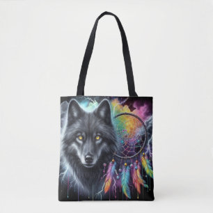 Zwarte wolf met een dromenvanger tote bag