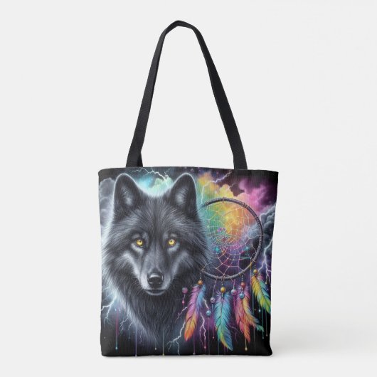 Zwarte wolf met een dromenvanger tote bag (Achterkant)