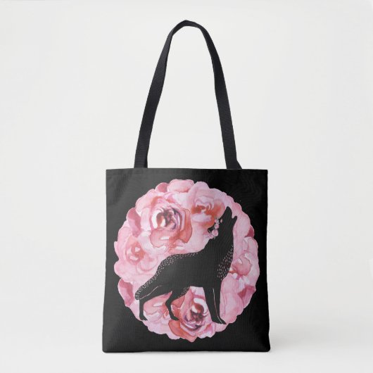 Zwarte Wolf met roze rozenrozen Canvas tas (Voorkant)
