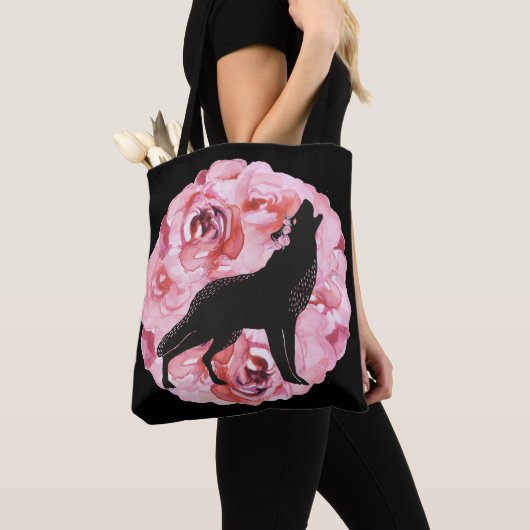 Zwarte Wolf met roze rozenrozen Canvas tas (Dichtbij)
