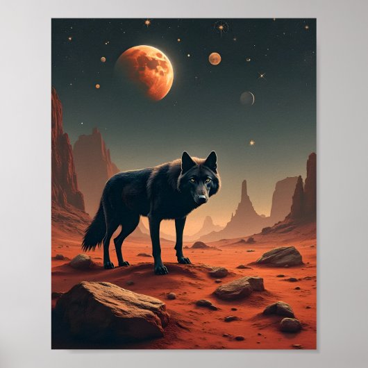 Zwarte wolf onder het marslandschap poster (Voorkant)