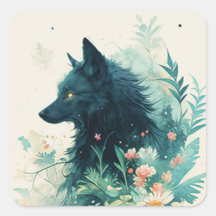 Zwarte Wolf Profiel Aquarel Bloemendecor Turquoise Vierkante Sticker