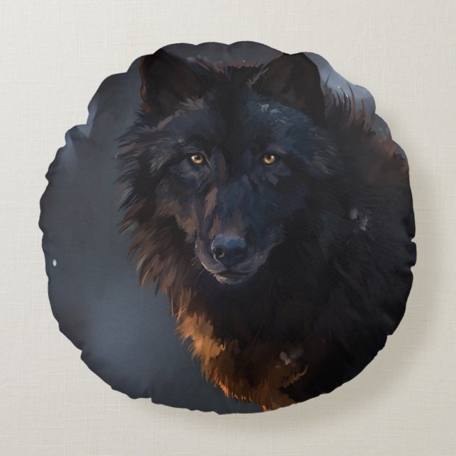 Zwarte wolf rond kussen (Voorkant)