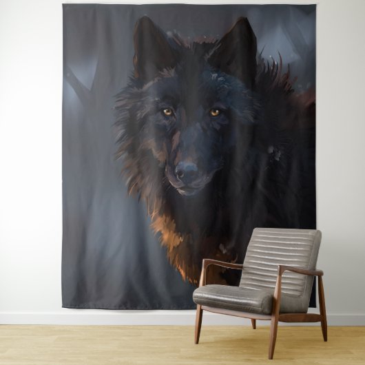 Zwarte wolf wandkleed (In situ)