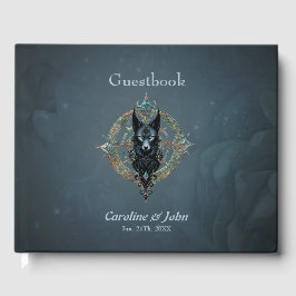 Zwarte wolfskop met doordringende blauwe ogen, gastenboek