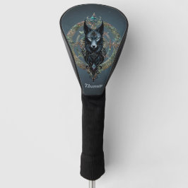 Zwarte wolfskop met doordringende blauwe ogen golfheadcover