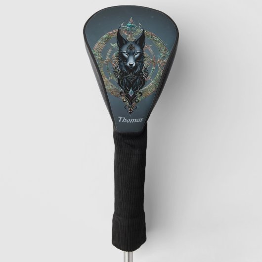 Zwarte wolfskop met doordringende blauwe ogen golfheadcover (Voorkant)