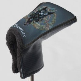 Zwarte wolfskop met doordringende blauwe ogen golfheadcover