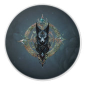 Zwarte wolfskop met doordringende blauwe ogen, keramische knop (Voorkant)