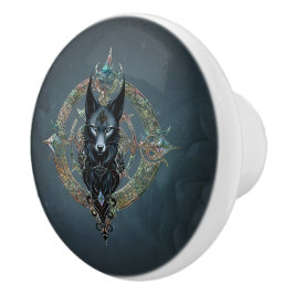 Zwarte wolfskop met doordringende blauwe ogen, keramische knop